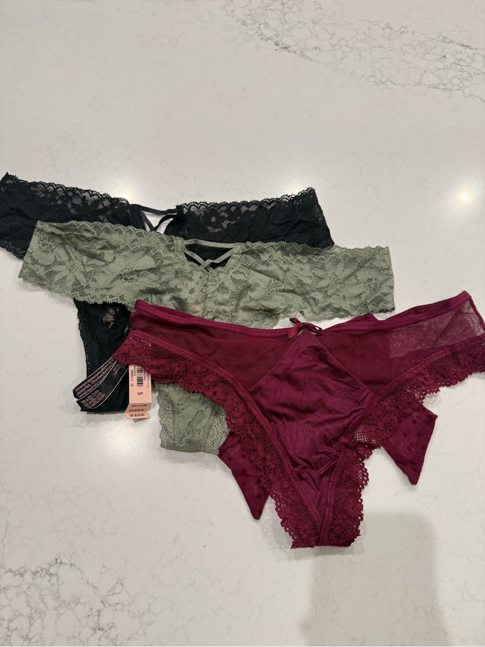 Victoria's Secret Lace Bikini Panties in Burgundy, Olive & Black